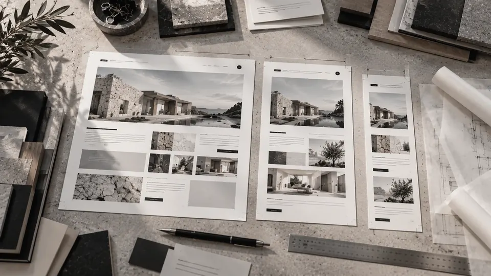 One website laid out at three sizes, for a computer, a tablet and a phone, on a stone desk with a ruler, a pen and material samples.
